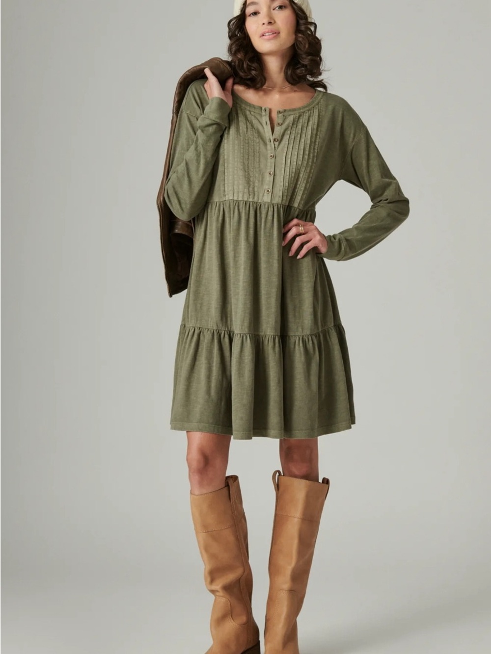 Lucky Brand Olive Green Long Sleeve Tiered Dress